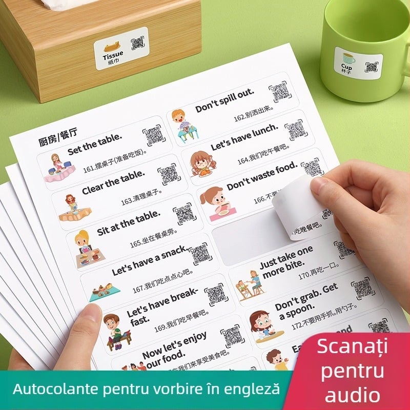 Set de stickere în limba engleză pentru scene familiale, conversații zilnice și vocabular pentru elevi din învățământul primar