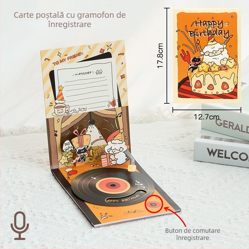 Felicitare de ziua de naștere cu înregistrare vocală și muzică stereo, card DIY realizat manual
