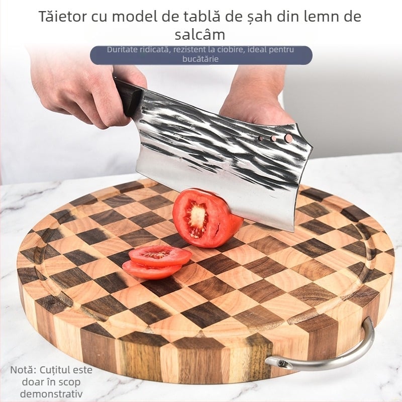 tocător de bucătărie din lemn de cauciuc, dublu-față, model pătrățos, lemn masiv, portabil