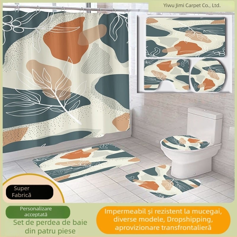 Perdea de duș și covor de baie cu imprimare digitală — impermeabil, rezistent la mucegai, din polyester, fără găuri, set de patru piese pentru baie