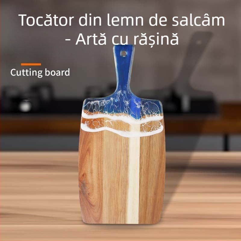 Tăietor de fructe din lemn cu rășină epoxidică, lemn de acacia, panouri îmbinate, blat de tăiat fructe cu model râu-plajă