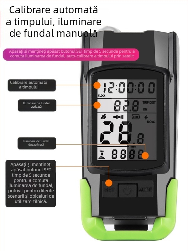 Lumină frontală pentru bicicletă de munte, computer de bicicletă wireless 3 în 1, lumină de avertizare sonoră, iluminare pentru noapte pentru bicicletă de drum