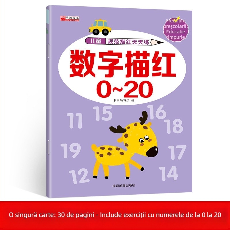Carte de scriere pentru copii 3–8 ani: trasare cu roșu a numerelor – pregătire pentru grădiniță