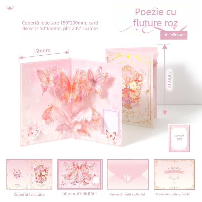Xinmo 3D felicitare cu design floral și fluture, serie ștanțare aurie, scriere posibilă, senzație premium, plic, card pliabil, urări de sărbători