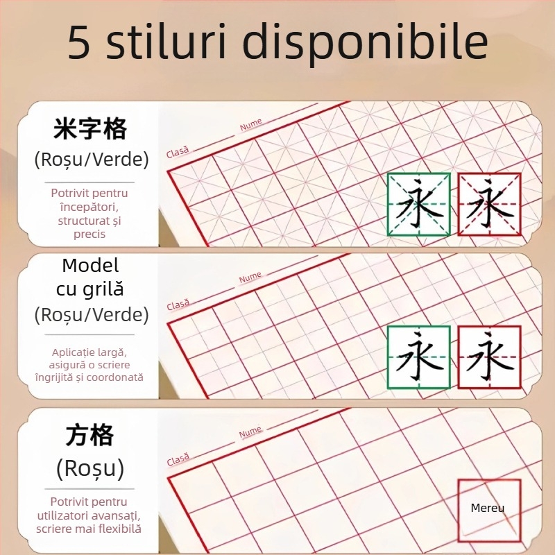 Carte de exerciții de caligrafie cu grilă pătrată, pentru pix cu vârf dur, potrivită pentru elevi și adulți