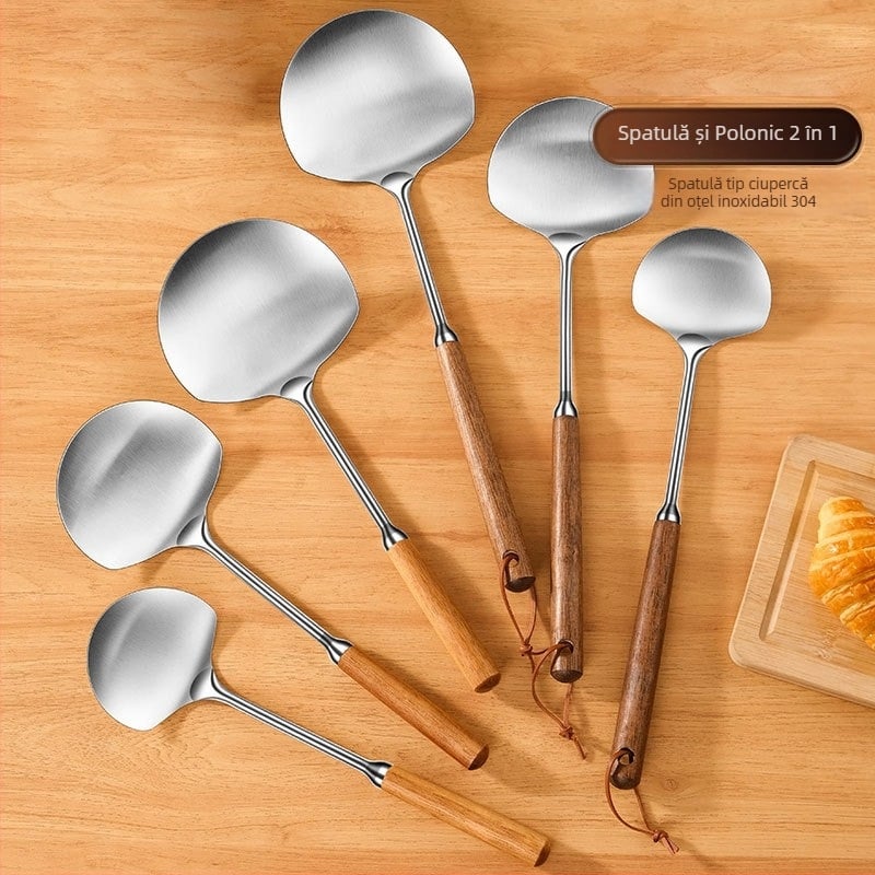 Spatulă de bucătărie din oțel inoxidabil 304, în formă de ciupercă, cap integrat, mâner din lemn solid, spatulă izolată cu cap rotund îngroșat