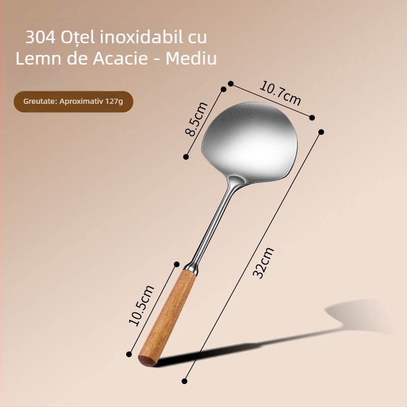 Spatulă de bucătărie din oțel inoxidabil 304, în formă de ciupercă, cap integrat, mâner din lemn solid, spatulă izolată cu cap rotund îngroșat