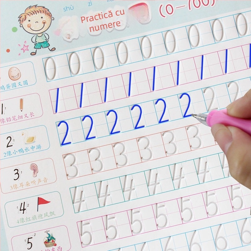 Carte de exerciții pentru începători: ordinea trasării liniilor, caractere chineze de bază, cifre și Pinyin pentru preșcolari