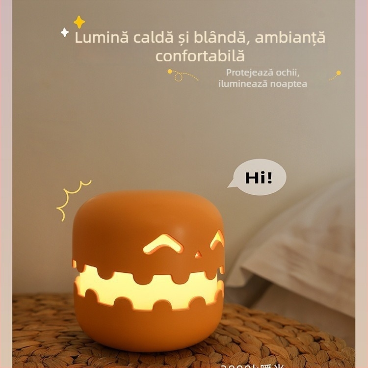 Lampa de noapte în formă de dovleac, USB reîncărcabilă, iluminare difuză pentru Halloween
