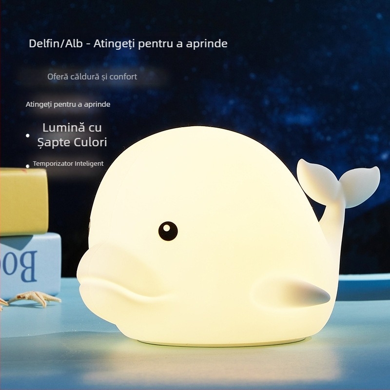 Lampă de noapte din silicon cu senzor de atingere, delfin LED multicolor, lampă ambiental USB reîncărcabilă