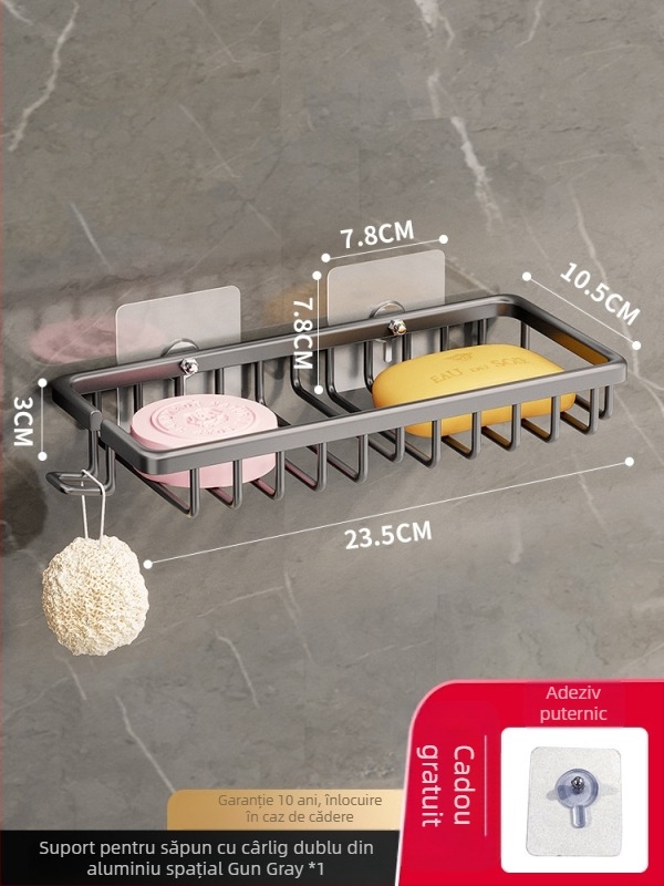 Săpunieră montată pe perete, fără găuri, cu tavă de drenaj, baie, raft de depozitare premium
