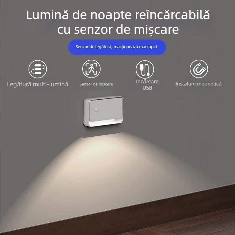 Lampă de noapte cu senzor de mișcare, reîncărcabilă, pentru scări și holuri, aprindere automată la detectarea mișcării