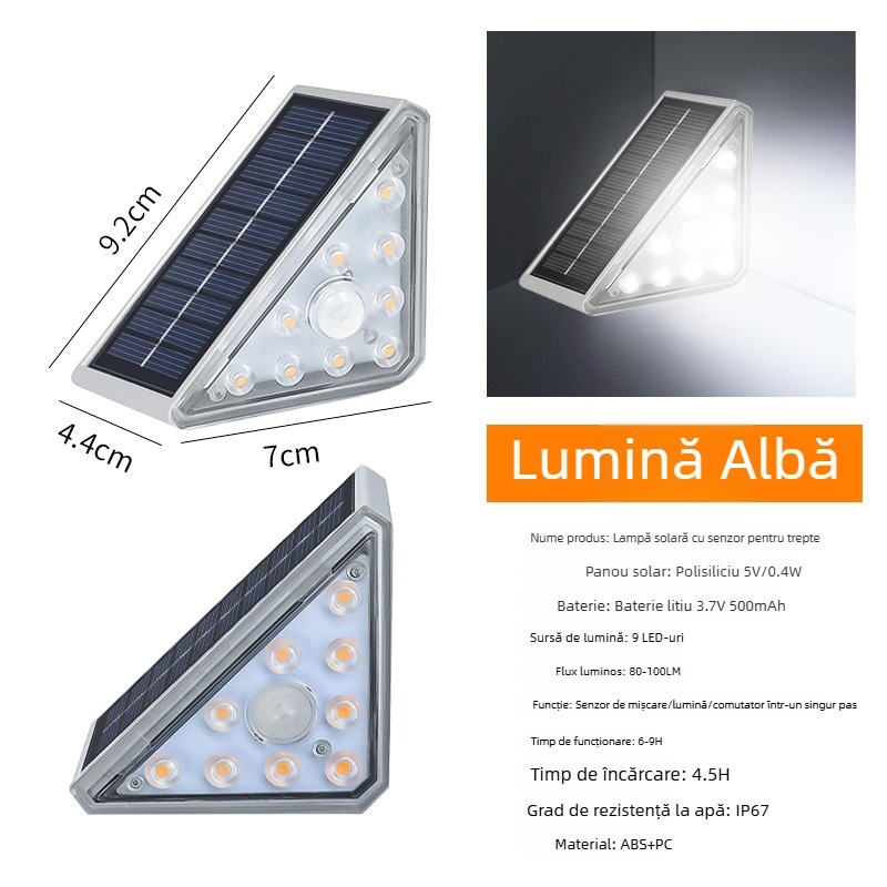 Lampa solară pentru trepte, impermeabilă, LED, iluminare laterală în curte, pornire automată la întuneric, IP65, 10W