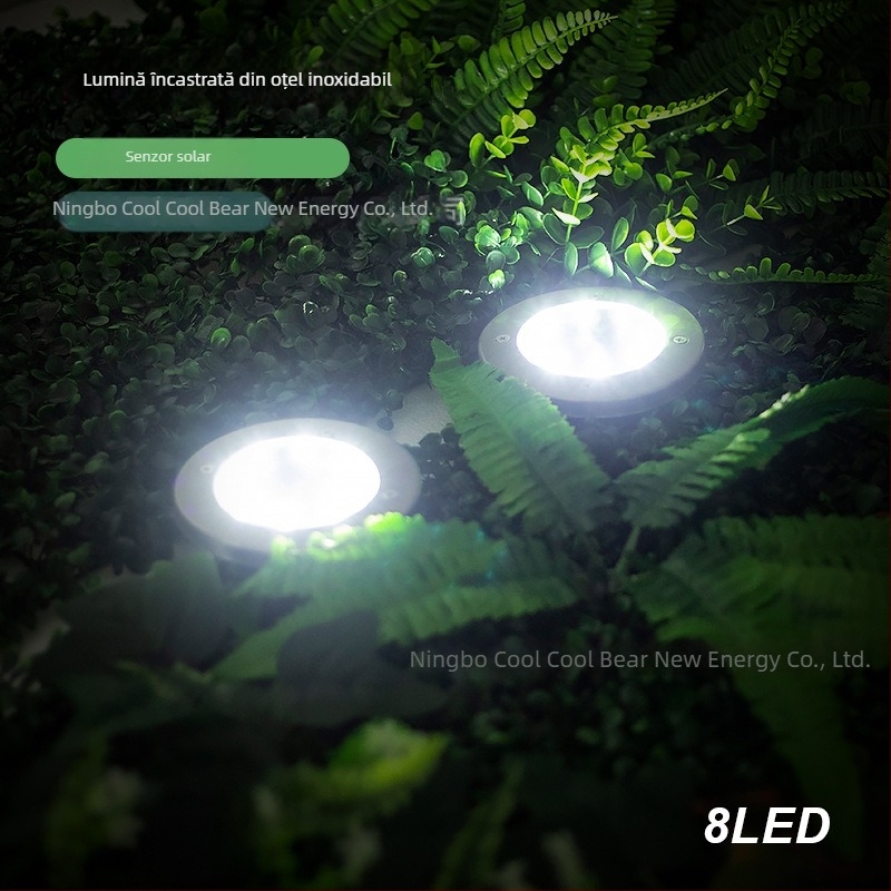 Lumină solară subterană cu 8 LED-uri, lampă de gazon din oțel inox, exterior pentru curte și grădină, rezistentă la ploi IP54