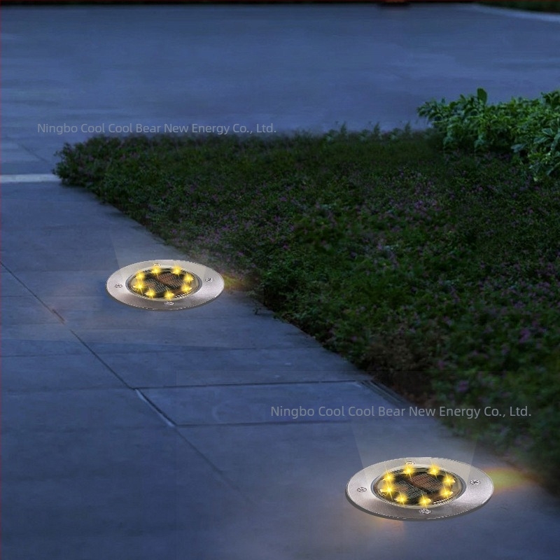 Lumină solară subterană cu 8 LED-uri, lampă de gazon din oțel inox, exterior pentru curte și grădină, rezistentă la ploi IP54