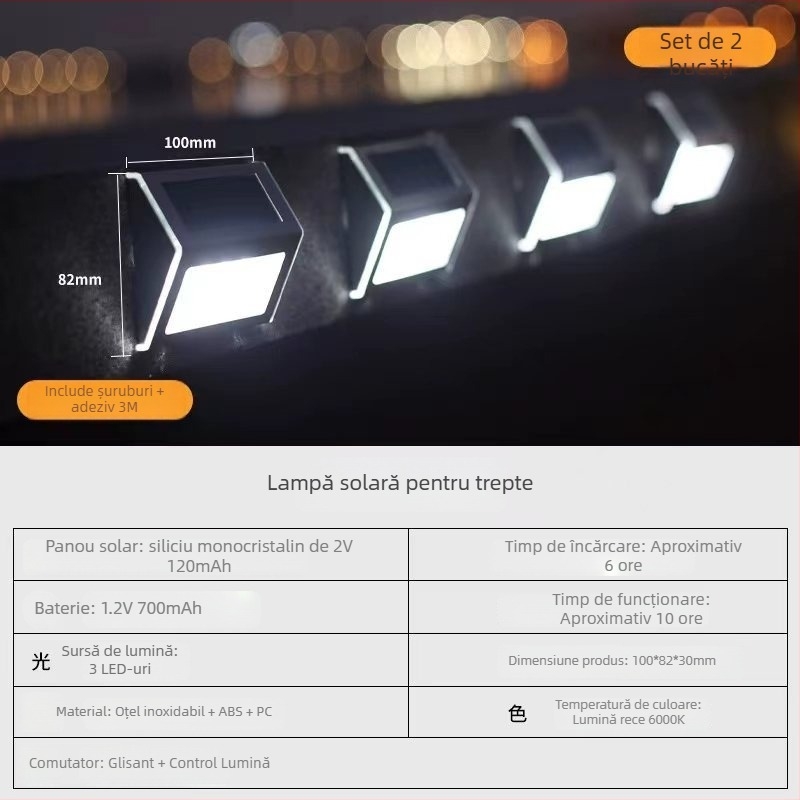 Lumină solară pentru trepte – spot exterior, impermeabilă, iluminare grădină cu senzor pentru scări