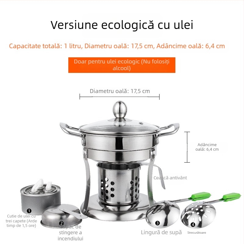 Oțel inoxidabil 304, oală mică pentru o persoană, pentru uz casnic și comercial, arzător cu alcool, portabilă pentru exterior