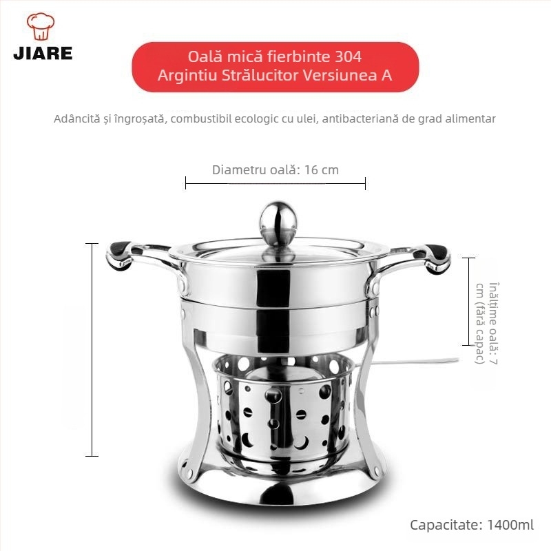 Oțel inoxidabil 304, oală mică pentru o persoană, pentru uz casnic și comercial, arzător cu alcool, portabilă pentru exterior