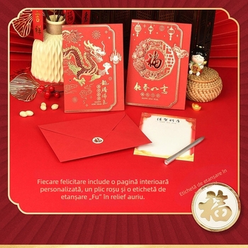 Carte de felicitare de Anul Nou în stil chinezesc cu logo, mesaj 3D, folie de aur, invitație de afaceri