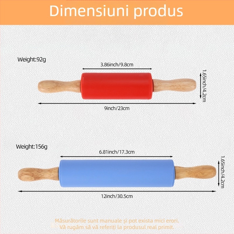 Rulou de silicon pentru aluaturi, cu mâner din lemn masiv, rotund, antiaderent, rezistent la temperaturi înalte, ustensilă pentru copt