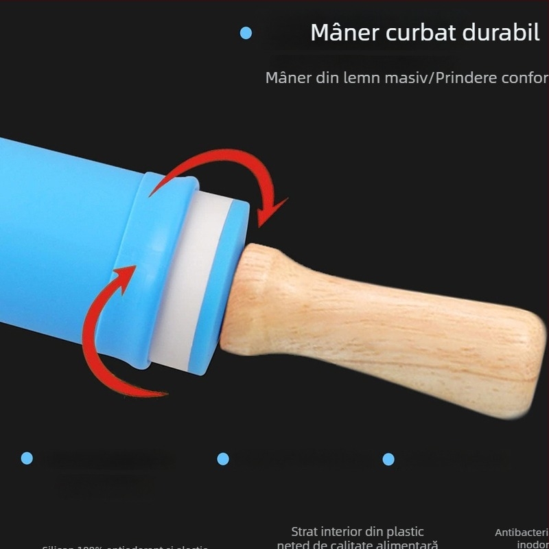 Rulou de silicon pentru aluaturi, cu mâner din lemn masiv, rotund, antiaderent, rezistent la temperaturi înalte, ustensilă pentru copt