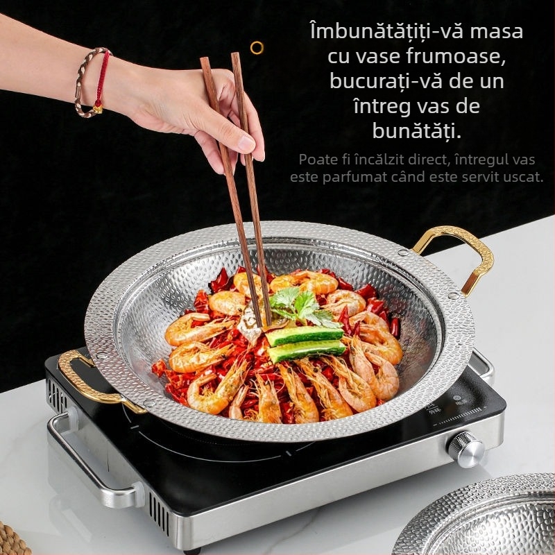 Oală din oțel inoxidabil în stil coreean cu model fulgi de zăpadă, margine lată aurie, oală pentru fructe de mare și oală de supă îngroșată cu plită cu alcool