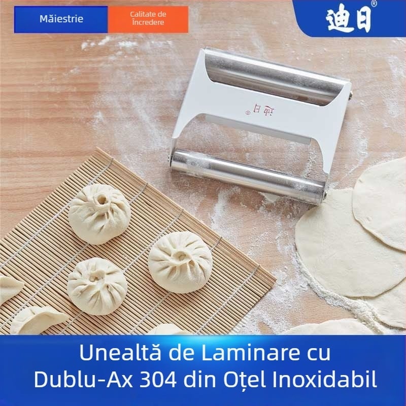 Rulou de aluat din oțel inoxidabil 304, mâner manual cu ax dublu, pentru uz casnic și profesional, unealtă integrată de întins aluat pentru dimensiuni mari și mici