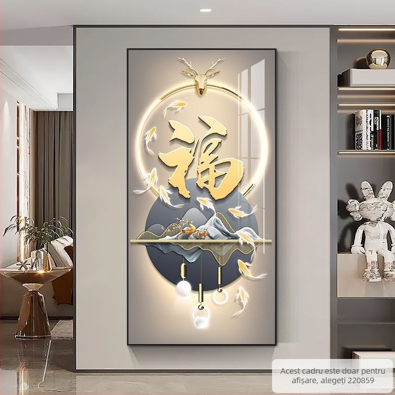Tablou LED pentru hol cu simbol de noroc și nouă pești, pictură din porțelan cristal, cadru din aluminiu, stil etnic