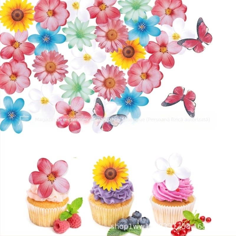 Decorațiuni pentru prăjituri din hârtie de wafer: fluture alb, fluture cu floare de cireș, decoruri pentru preparate reci