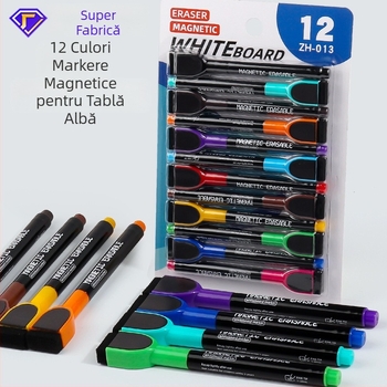 Marker magnetici pentru tablă albă cu pensulă, 12 culori ștergibile, pe bază de apă, pentru birou și clasă