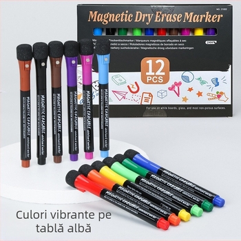Marker magnetic pentru tablă albă pentru elevi și copii – marker multifuncțional cu cerneală pe bază de apă, graffiti marker, set de 12 culori