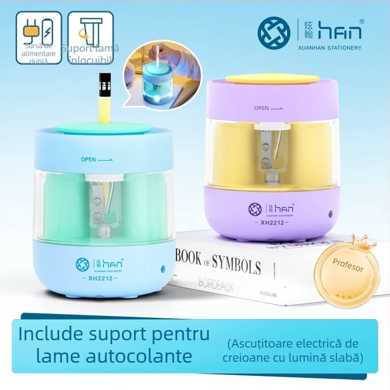 Ascuțitor electric de creioane, cu alimentare duală, 3-în-1, agendă încorporată și suport pentru pix, reîncărcabil, pentru elevi