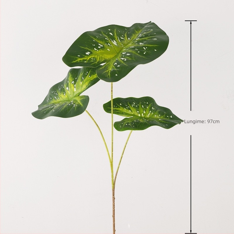Plantă artificială verde cu trei ramuri și frunze colorate de taro, imprimare 3D, decor pentru pereți, casă și grădină