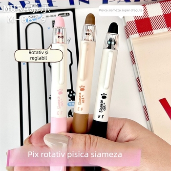 Mule 8619 – stilou ștergător cu mecanism rotativ pentru cerneală, design pisică Siam, pentru elevi, stilou școlar drăguț