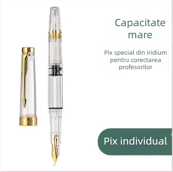 Stilou transparent roșu pentru profesori, cu capacitate mare, pentru corectarea temelor, cu alimentare piston și stocare cerneală