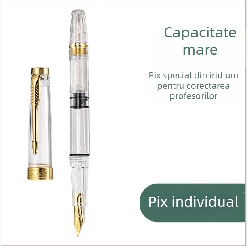 Stilou transparent roșu pentru profesori, cu capacitate mare, pentru corectarea temelor, cu alimentare piston și stocare cerneală
