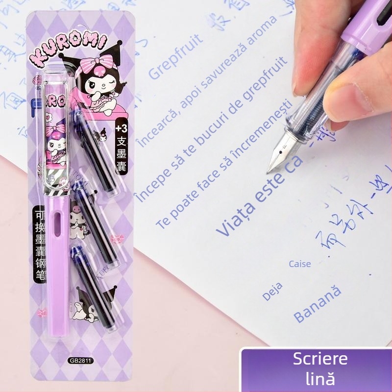 Stilou Sanrio cu 3 recipiente de cerneală de rezervă pentru Kuromi, Cinnamon Dog și Pudding — pentru începători la scriere