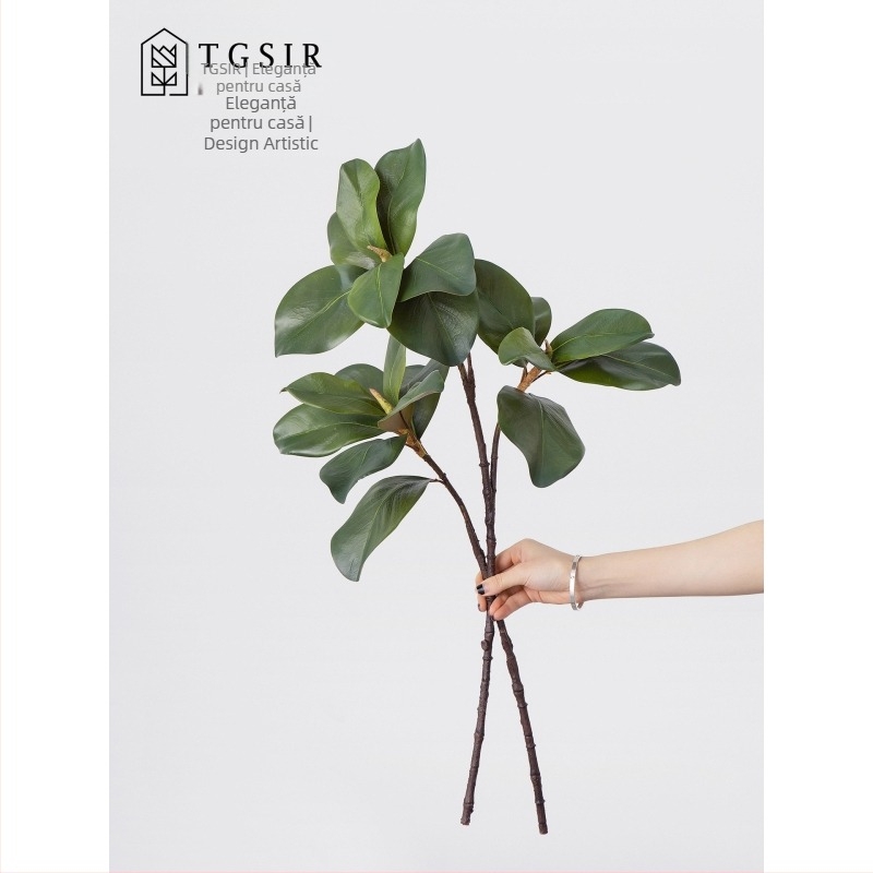 Ramuri artificiale în vas alb, cu frunze de magnolie – decor pentru sufragerie, aranjamente realiste cu plante verzi