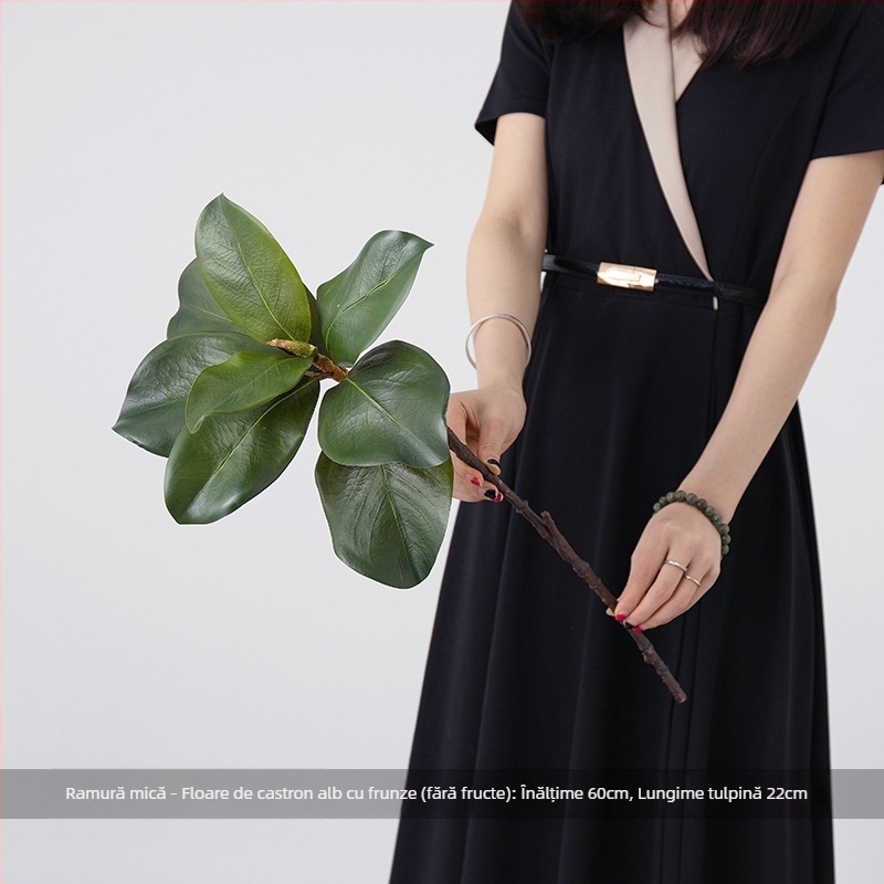 Ramuri artificiale în vas alb, cu frunze de magnolie – decor pentru sufragerie, aranjamente realiste cu plante verzi