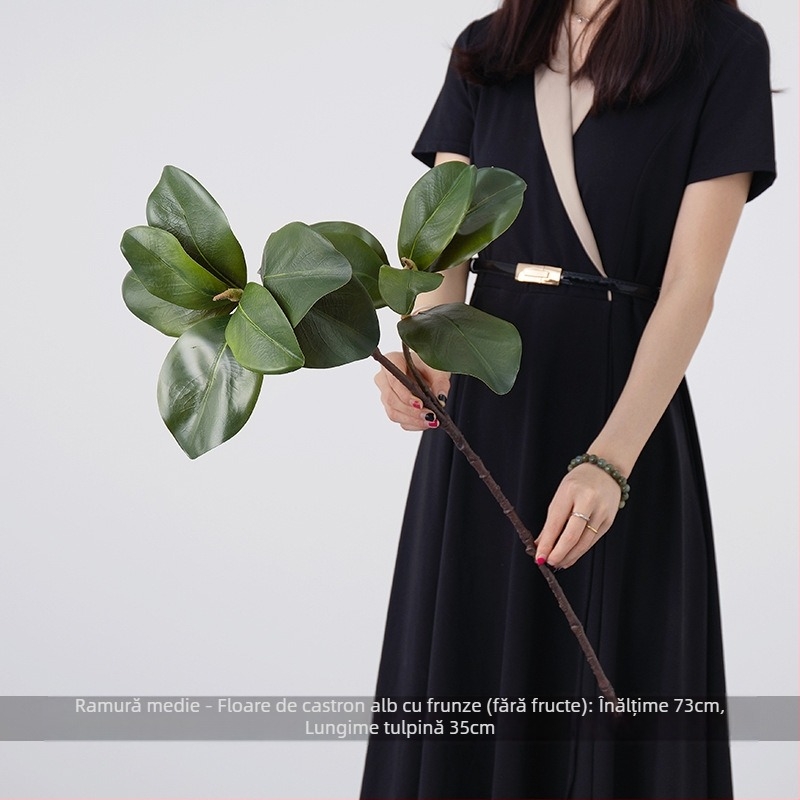 Ramuri artificiale în vas alb, cu frunze de magnolie – decor pentru sufragerie, aranjamente realiste cu plante verzi