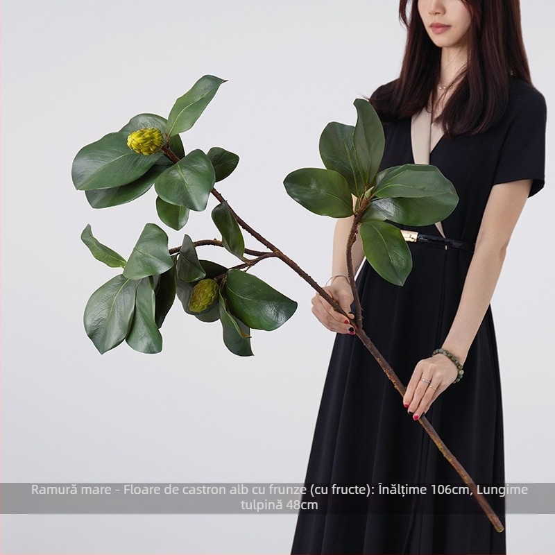 Ramuri artificiale în vas alb, cu frunze de magnolie – decor pentru sufragerie, aranjamente realiste cu plante verzi
