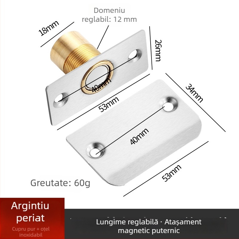 Zăvor magnetic din oțel inoxidabil pentru uși din lemn ascunse, mecanism superior reglabil, magnet de închidere pentru ușă KTV