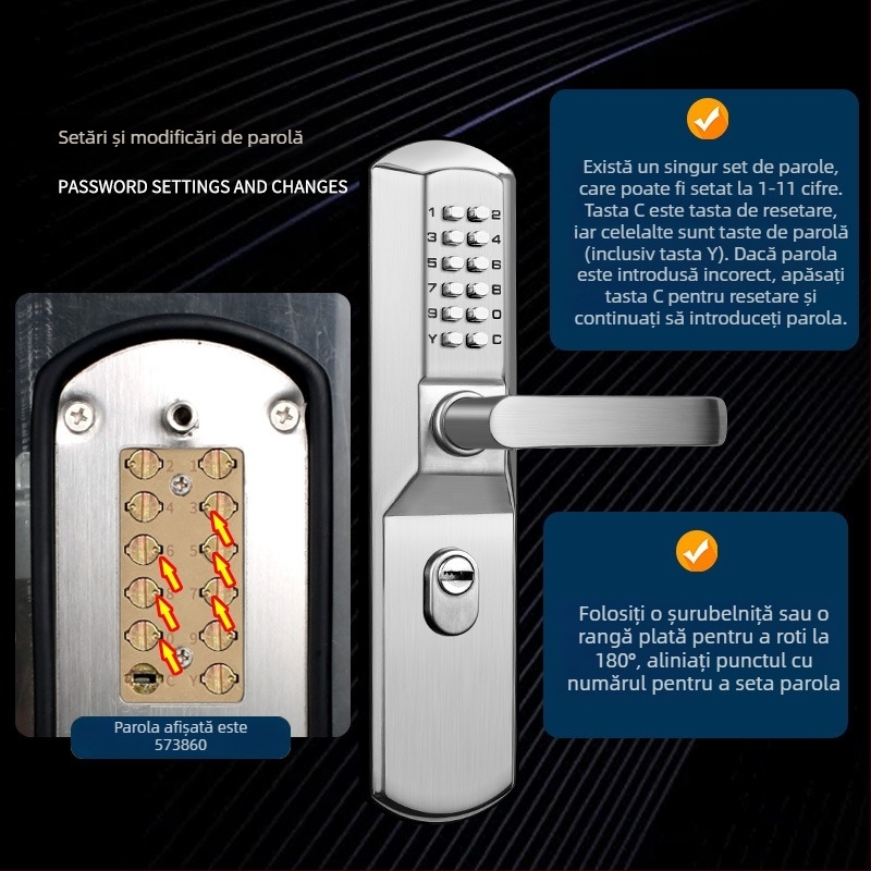 Încuietoare mecanică cu cod pentru uși de securitate, cu mâner, impermeabilă, fără alimentare, potrivită pentru uși de intrare și vile (Modelul 703)