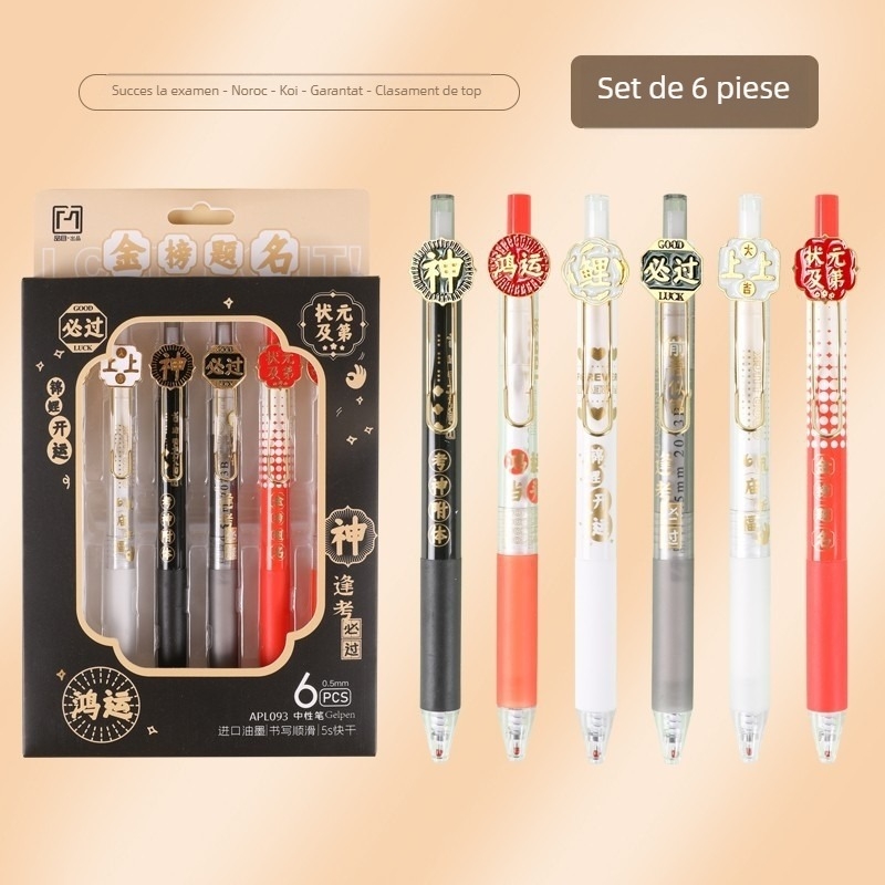 Set de stilouri gel cu clips metalice, seria Subject, 6 pixuri negre, 0,5 mm