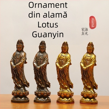Statuetă Guanyin din alamă pentru altarul de acasă cu lotus