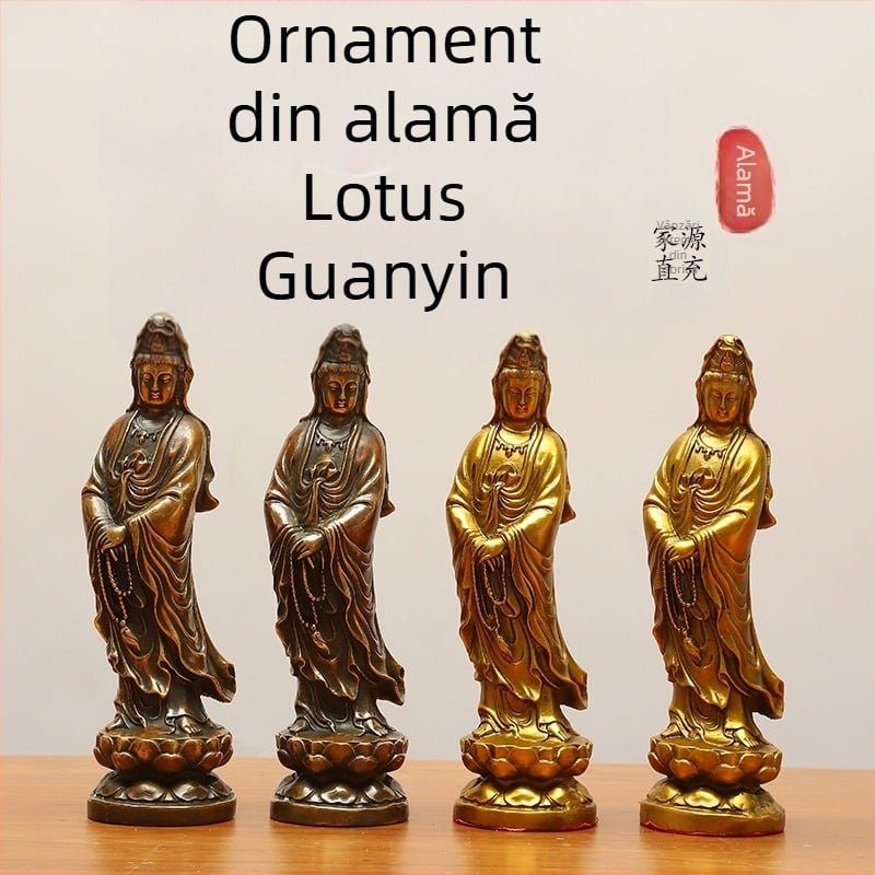 Statuetă Guanyin din alamă pentru altarul de acasă cu lotus