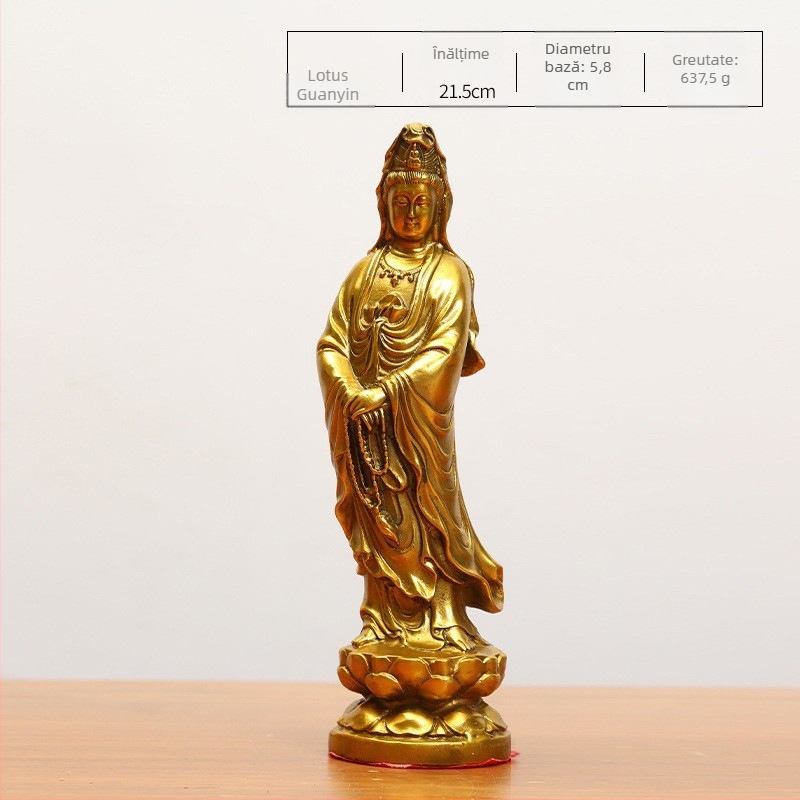 Statuetă Guanyin din alamă pentru altarul de acasă cu lotus
