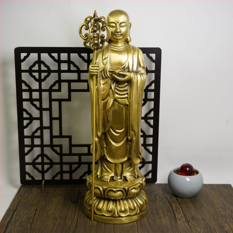 Statuie Ksitigarbha Buddha în stil antic, ornament decorativ din cupru pentru casă, inspirat de Muntele Jiuhua