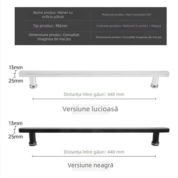 Mâner ușă din oțel inoxidabil 201, pătrat, pentru uși din sticlă, finisaj negru lucios, pentru birou și baie