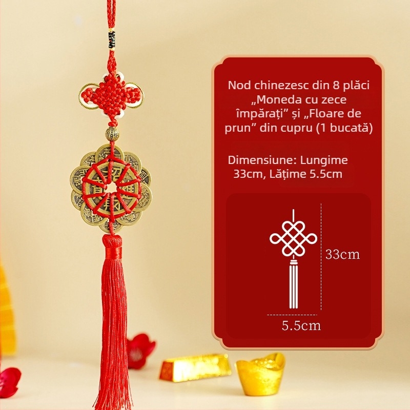 Pandantiv mic din nod chinezesc, lucrat manual, cu nod concentric și șnur roșu, model 2026